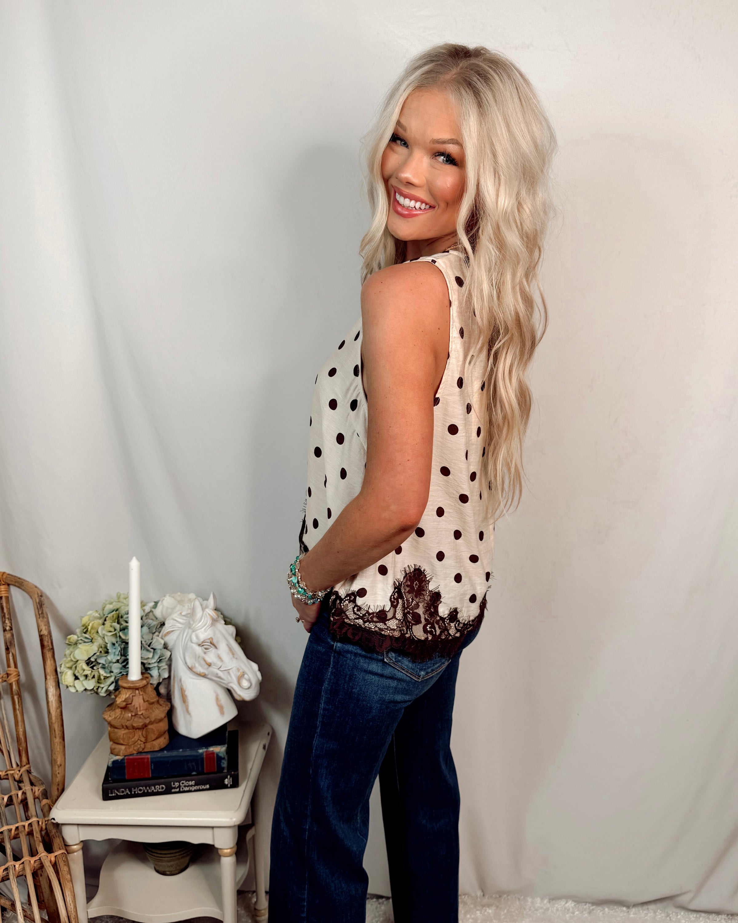 Elegant in Espresso Lace Trim Polka Dot Printed Blouse