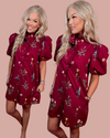 Merlot & Magnolias Floral Printed Bubble Sleeves Dress