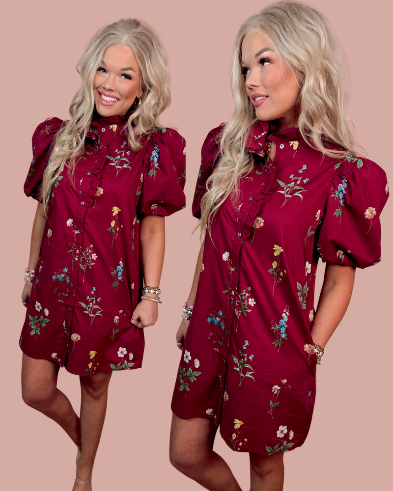 Merlot & Magnolias Floral Printed Bubble Sleeves Dress