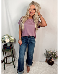Lavender Solid Cuffed Short Sleeve Everyday Basic