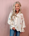 Poised in Petals Embroidered Button Up Top - Cream