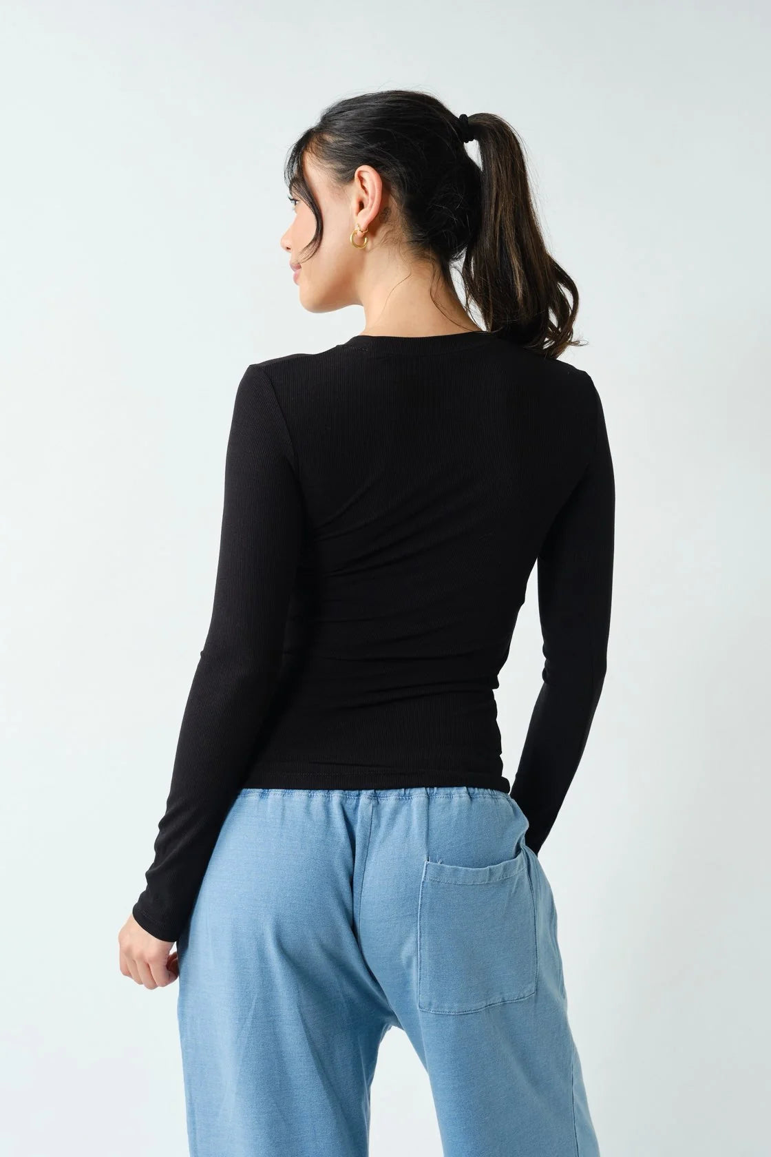 On Repeat Ribbed Long Sleeve Basic Top - Black