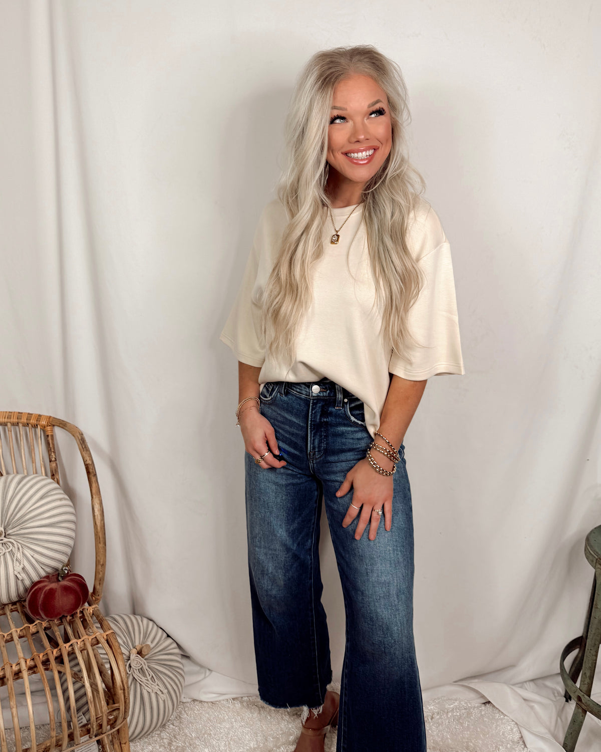 Basic Babe Loose Fit Crew Neck Short Sleeve Top - Cream