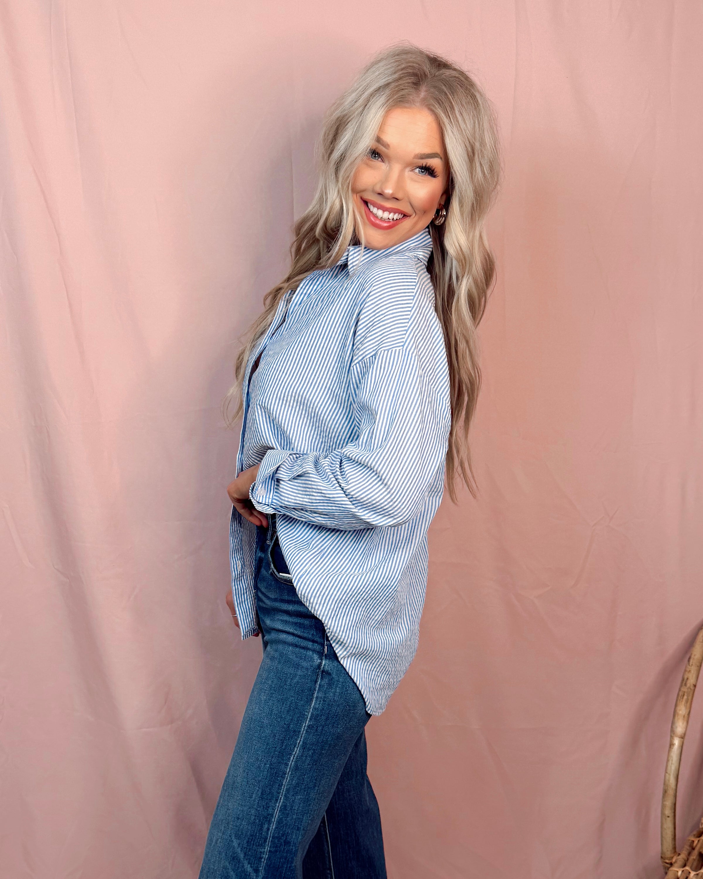 Structured Essential Striped Button Down Top - Blue