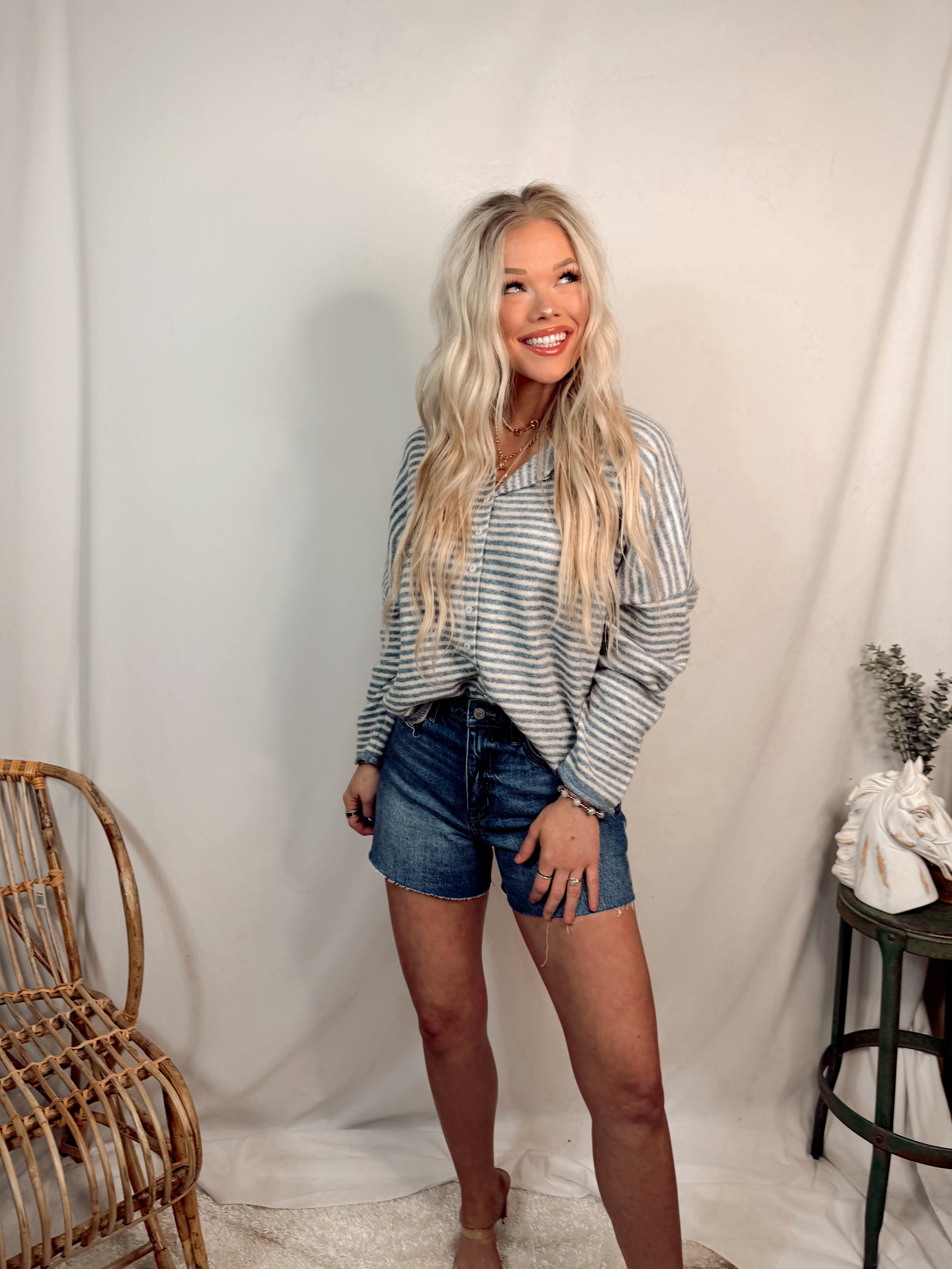 Morning Fog Stripe Knit Top / Cardigan - Dusty Blue