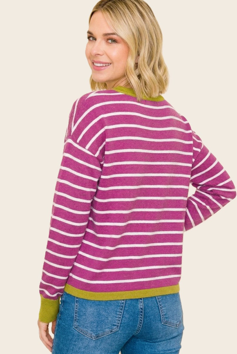 This & That Oversized Striped Knit Sweater - Magenta