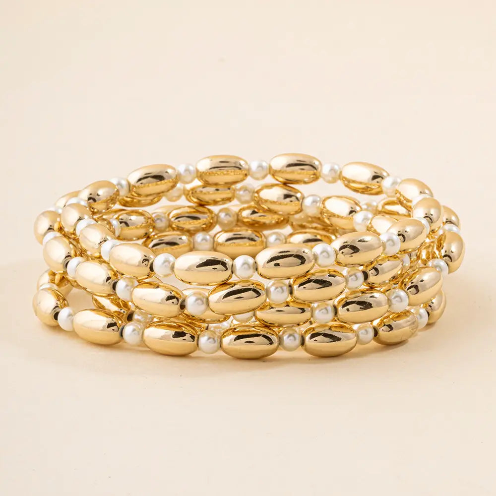 Oval Bead and Pearl Stretch Bracelets - Set of 5