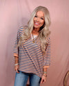 Boardwalk Breeze 3/4 Sleeve Striped Top - Denim and Coral