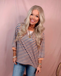 Boardwalk Breeze 3/4 Sleeve Striped Top - Denim and Coral