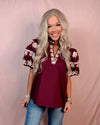 Regal Bloom Embroidered Puff Sleeve Blouse - Burgundy