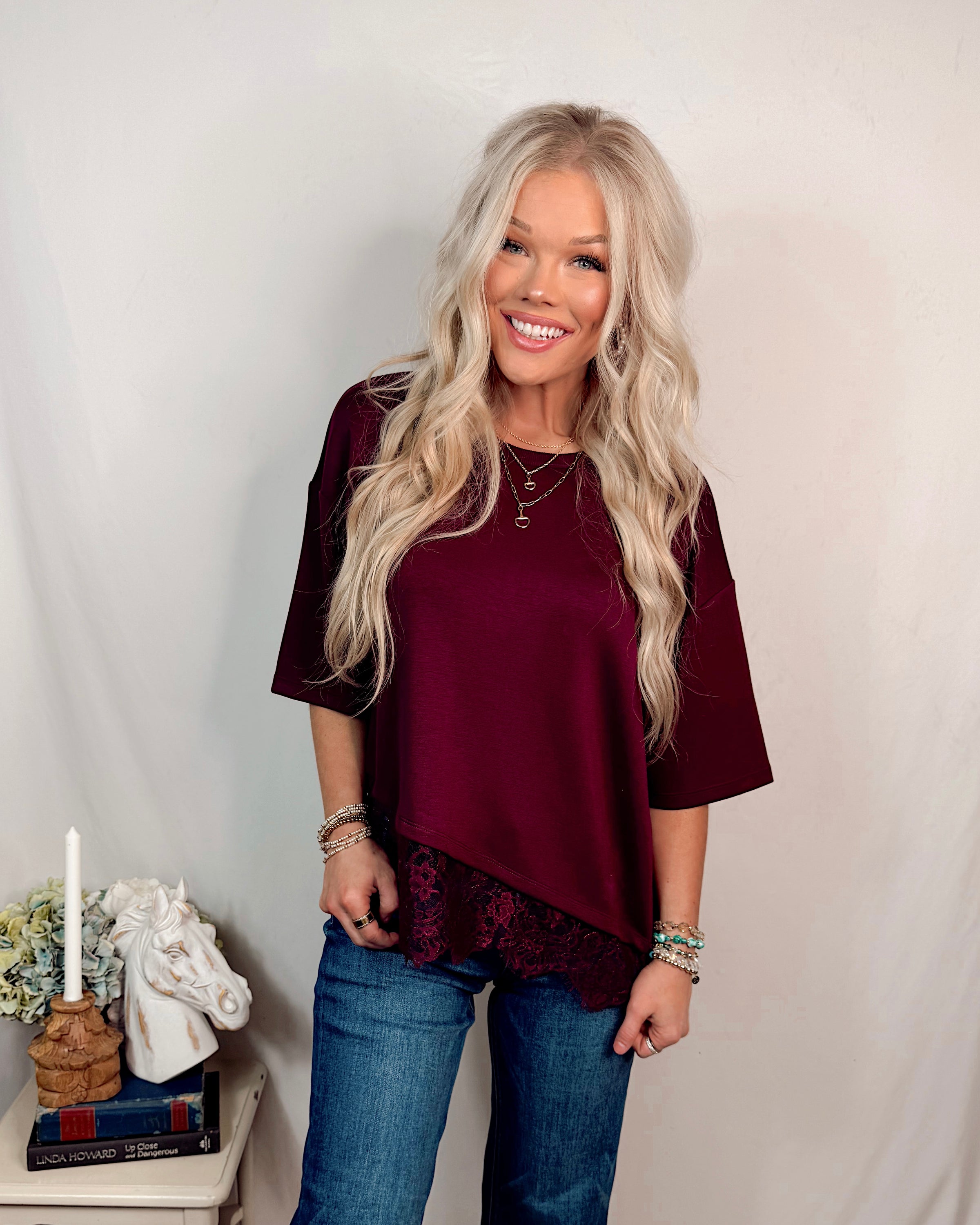 Legacy & Lace Scallop Detailed Blouse in Maroon
