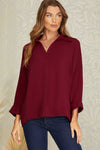 Sophisticated Sleek 3/4 Collared Woven Top - Wine