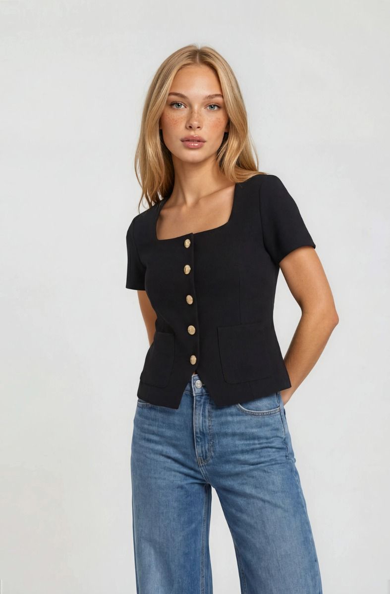 Sophisticated Chic Square Neck Tailored Button Up Top