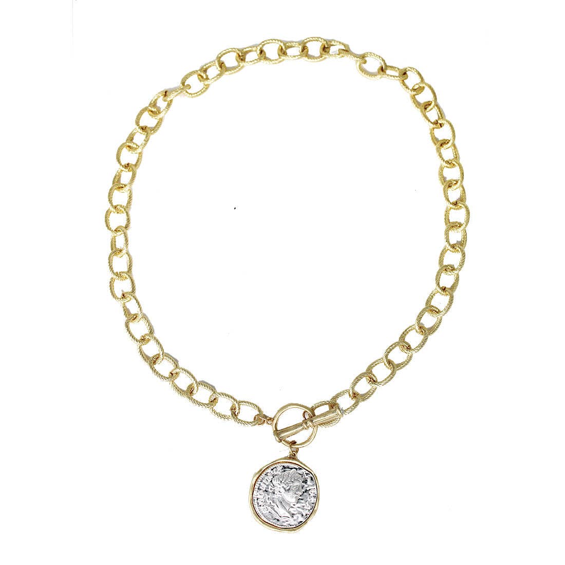 Mediterranean Muse Gold + Silver Stamped Coin Chain 16"-18" Necklace