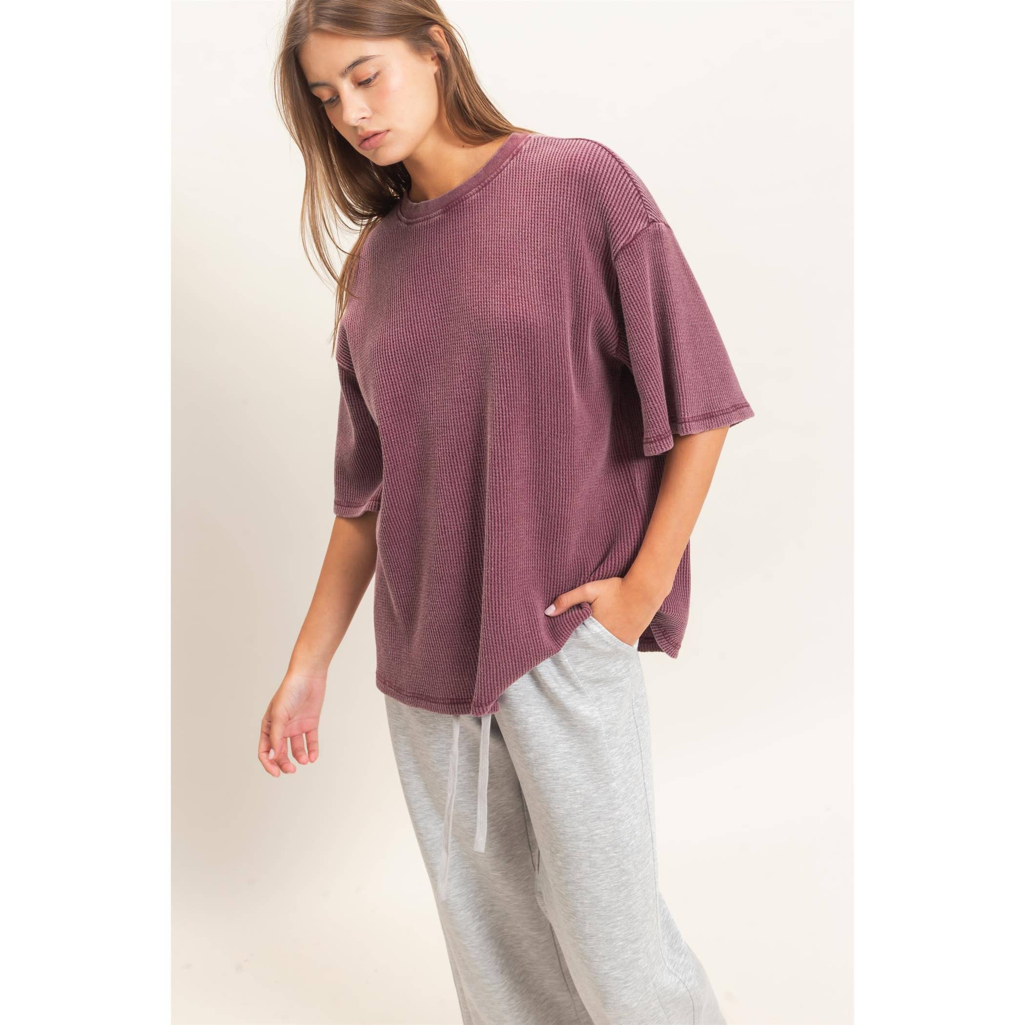 Monday Morning Mineral Wash Ribbed Crew Neck Short Sleeve Basic Blouse in Dark Cherry