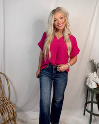 Timeless Touch V Neck Drop Sleeve Top - Fuchsia