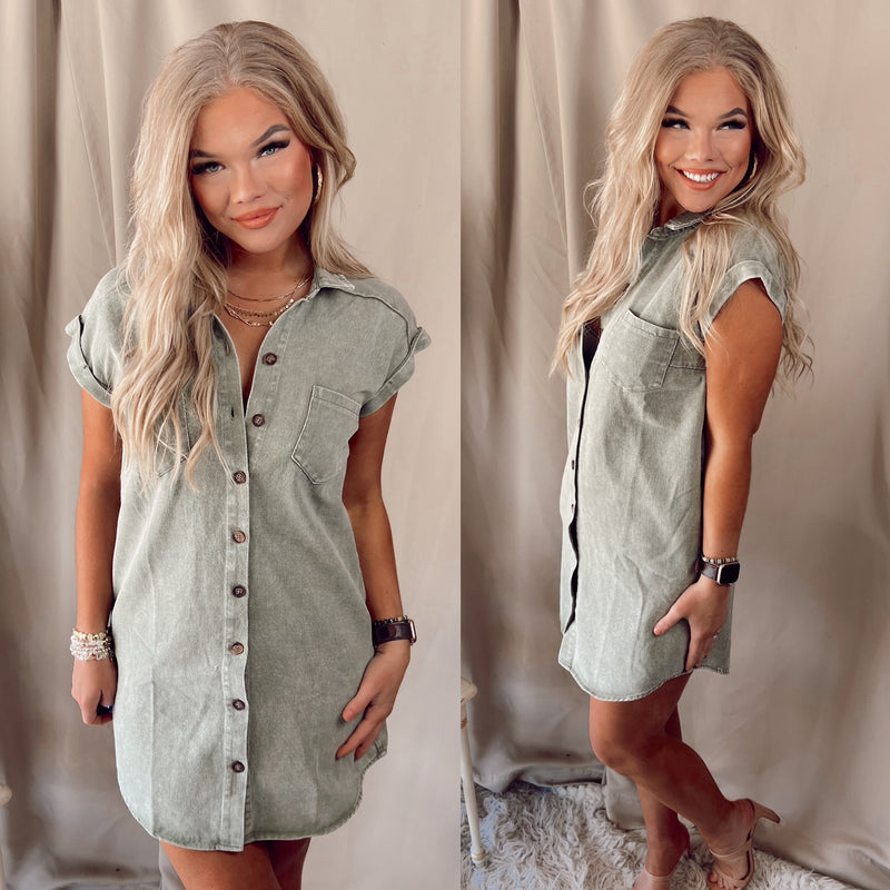 On Point Olive Mineral Washed Dress