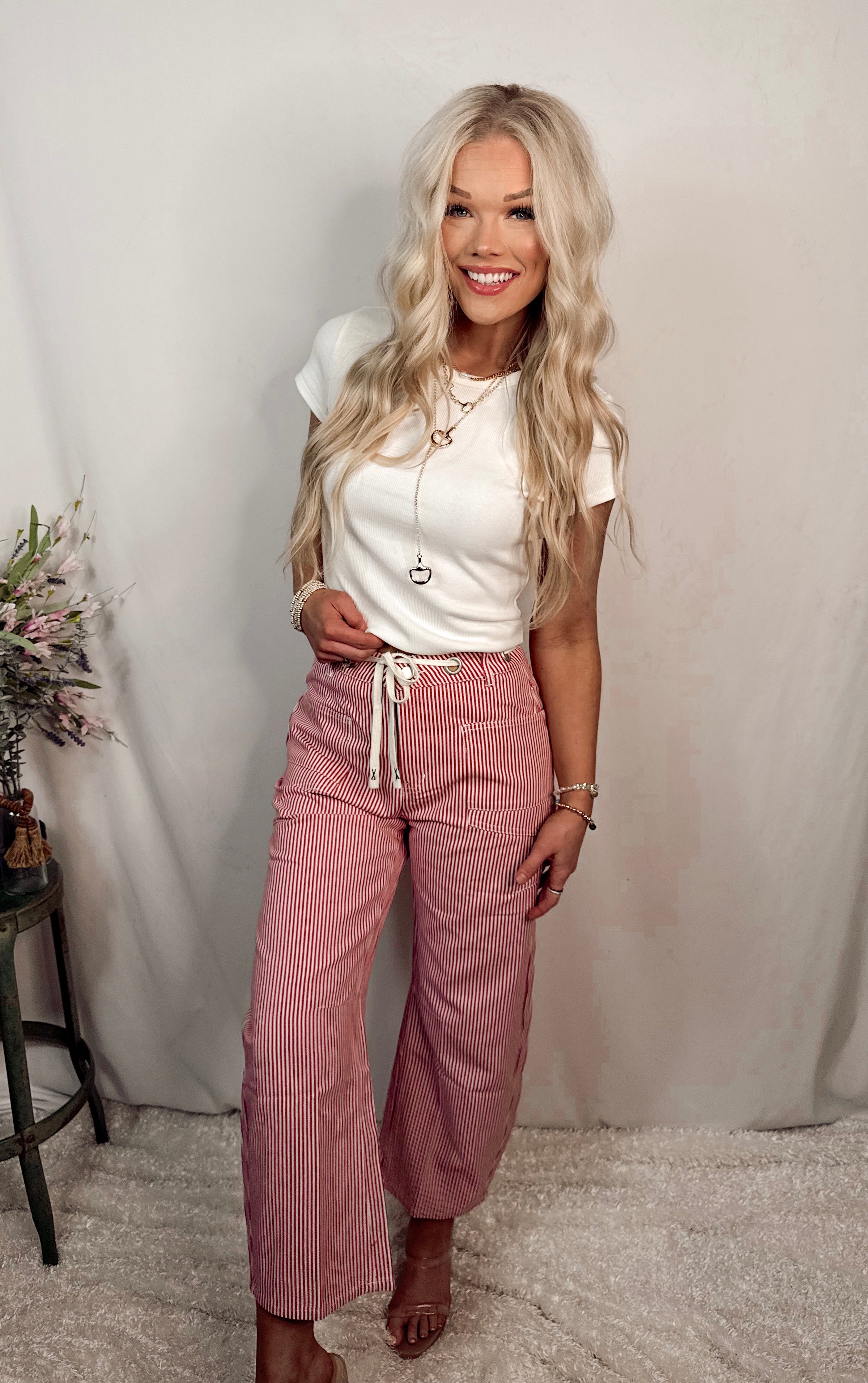 Cherry Gelato Striped Drawstring Barrel Pants - Red