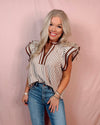 Savannah Striped Ruffle Sleeved Contrast Blouse - Brown