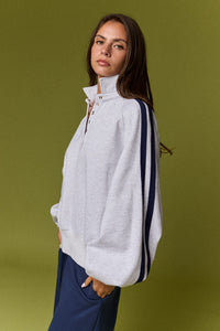 Varsity Grey Collared Contrast Stiped Pullover Sweatshirt
