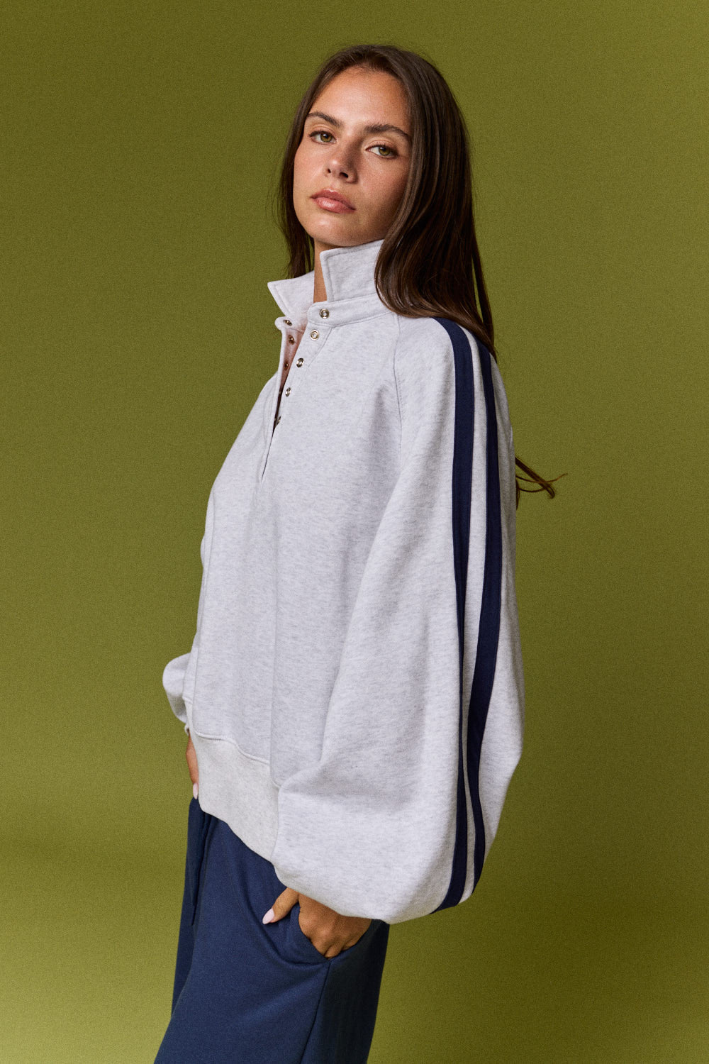 Varsity Grey Collared Contrast Stiped Pullover Sweatshirt
