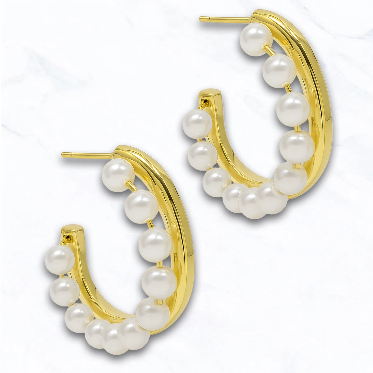 Gold Dipped Golden Pearl Duo Post Hoop Earrings