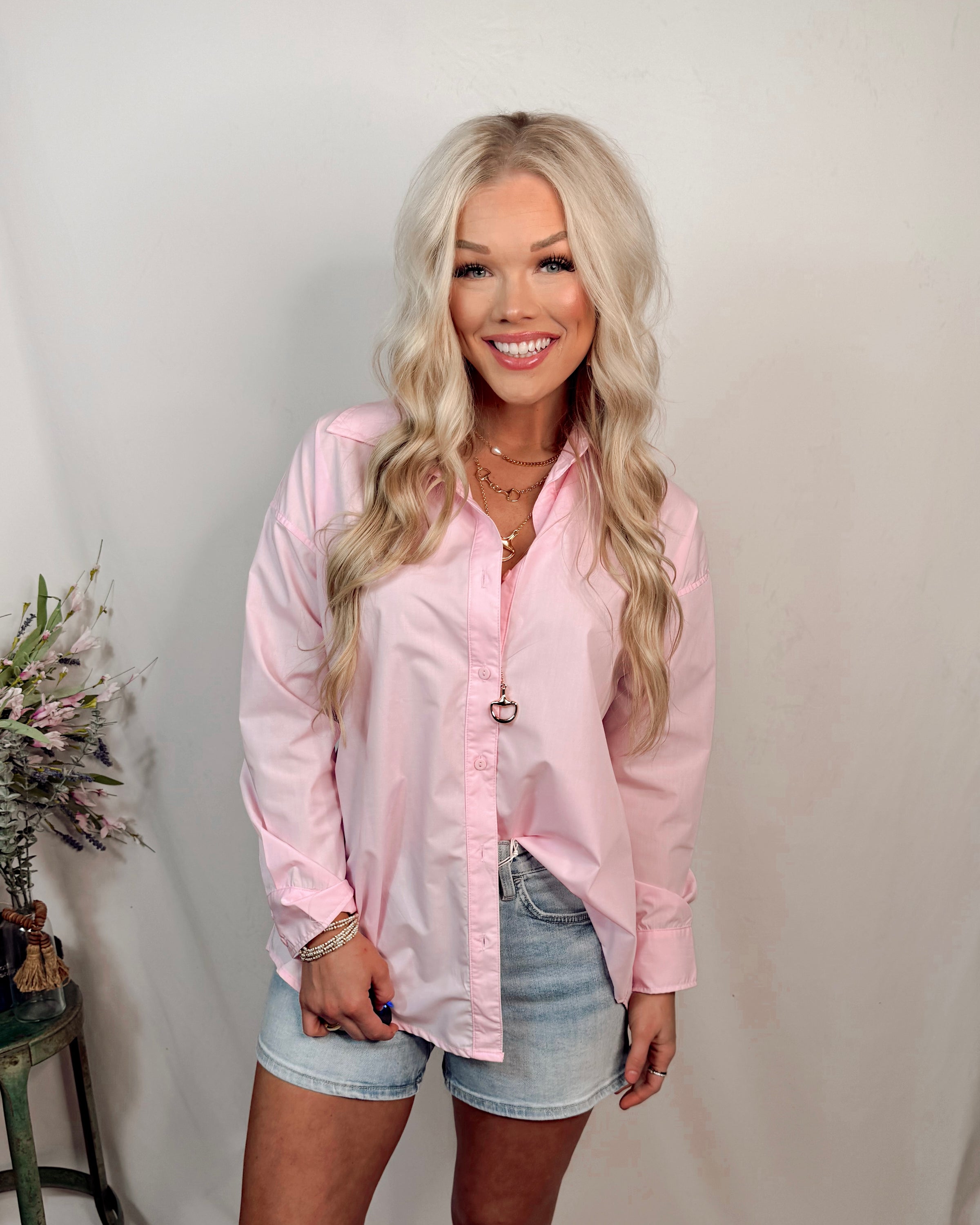 Blushing Tide Oversized Button Up Long Sleeve Top - Baby Pink