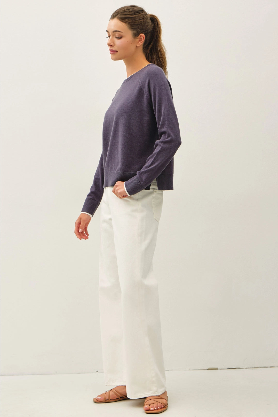 Layered Look Knit Sweater Top - Slate