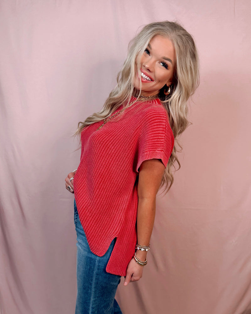 Main Character Mock Neck Knit Top - Red