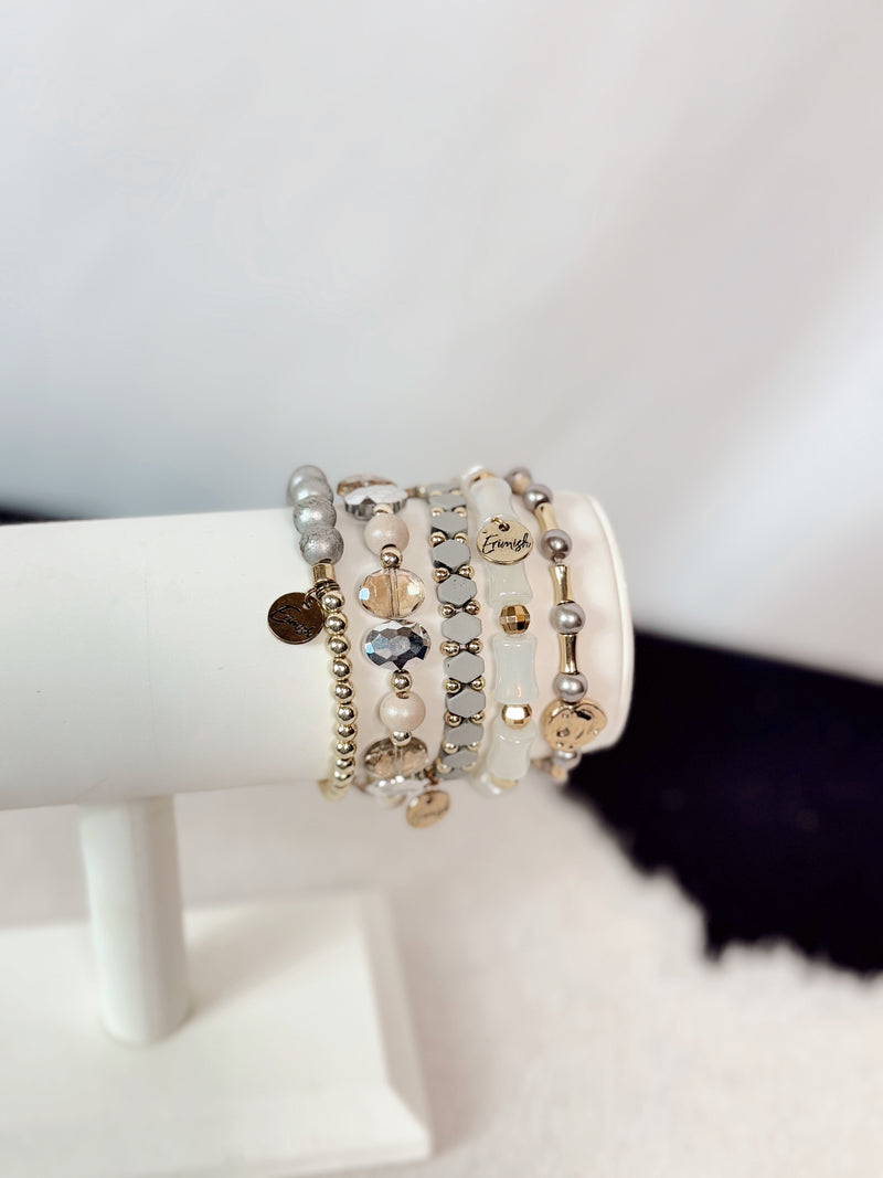 Two Toned Lux Beaded Stack of 5 Bracelets Set