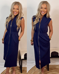 Easy & Effortless Zip Up Midi Dress - Navy