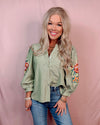 Elegant in Olive Stripes + Floral Embroidery Blouse