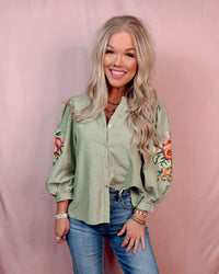 Elegant in Olive Stripes + Floral Embroidery Blouse