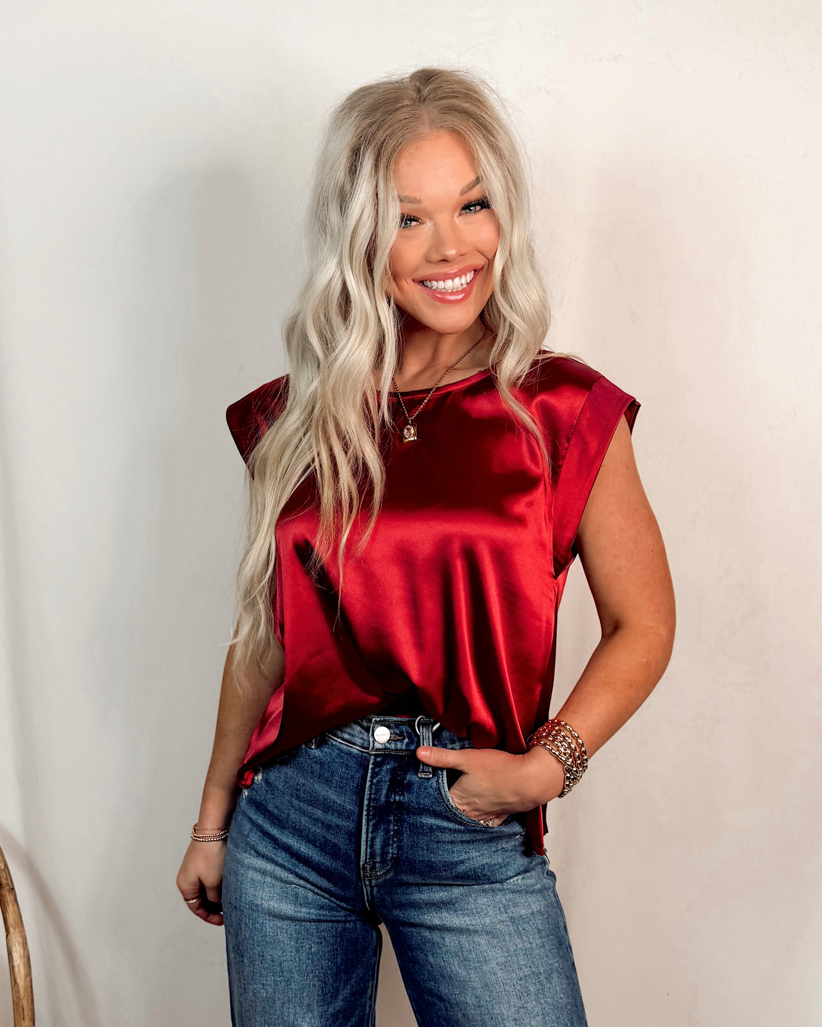Swank Staple Satin Cap Sleeve Blouse in Wine