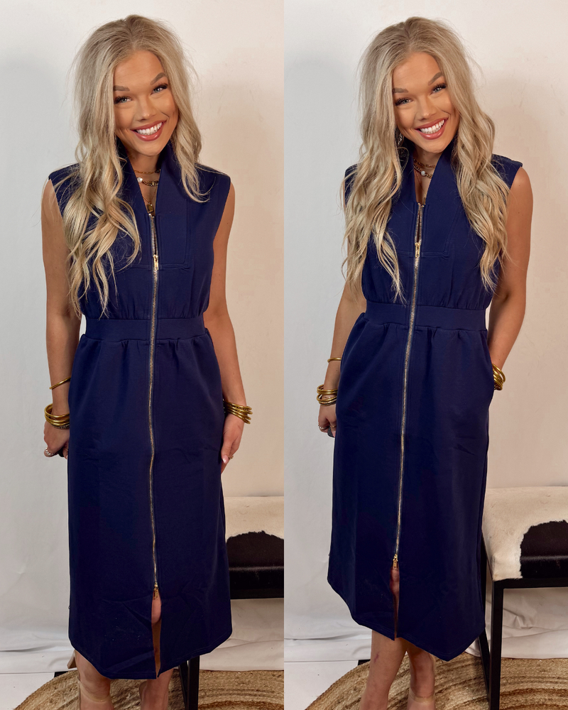 Easy & Effortless Zip Up Midi Dress - Navy