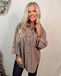 Rebecca Woven Plaid Rolled Sleeve Button Up Blouse