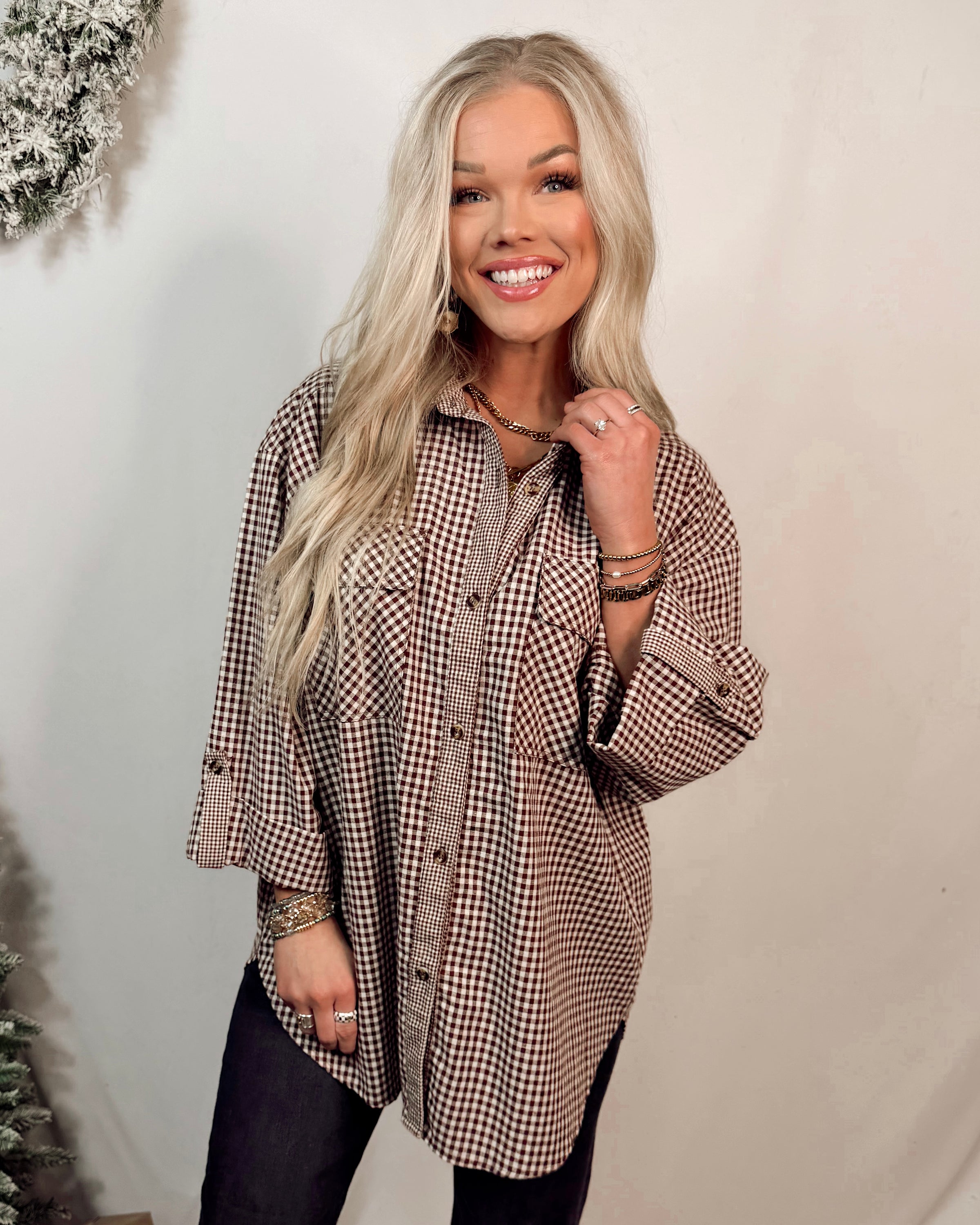 Rebecca Woven Plaid Rolled Sleeve Button Up Blouse