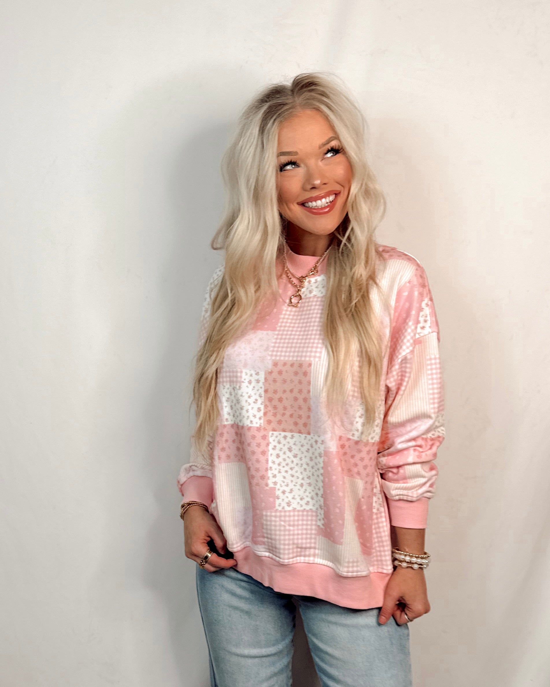 Preppy In Patchwork Printed Mock Neck Sweatshirt