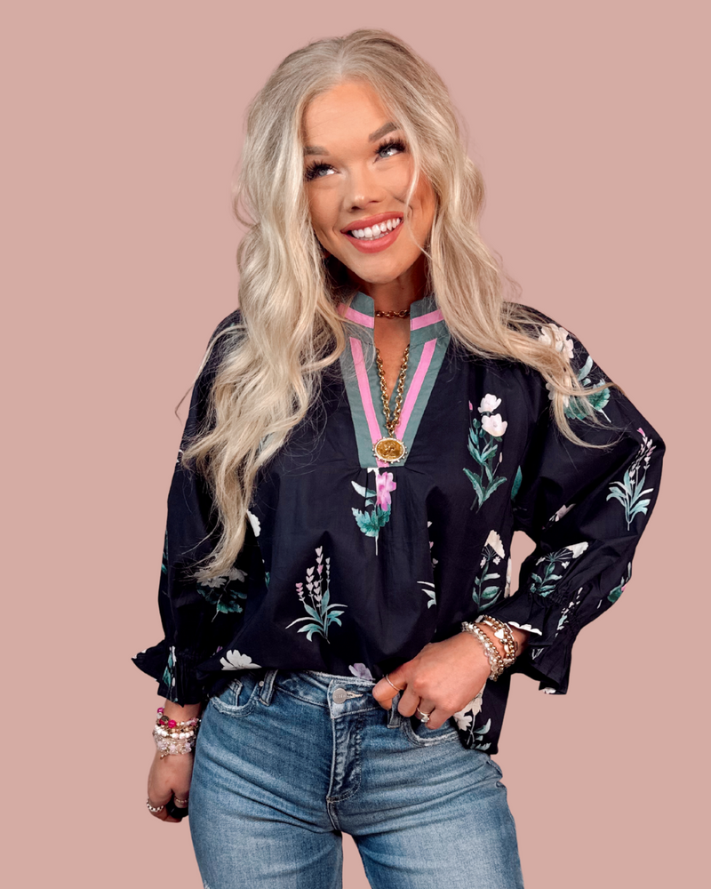 Bloom & Dusk Contrast Trim Floral Top