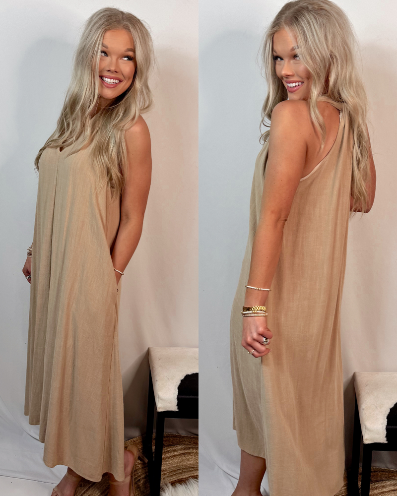 Gone To Greece Beige Woven  Halter Neck Dress with Pockets