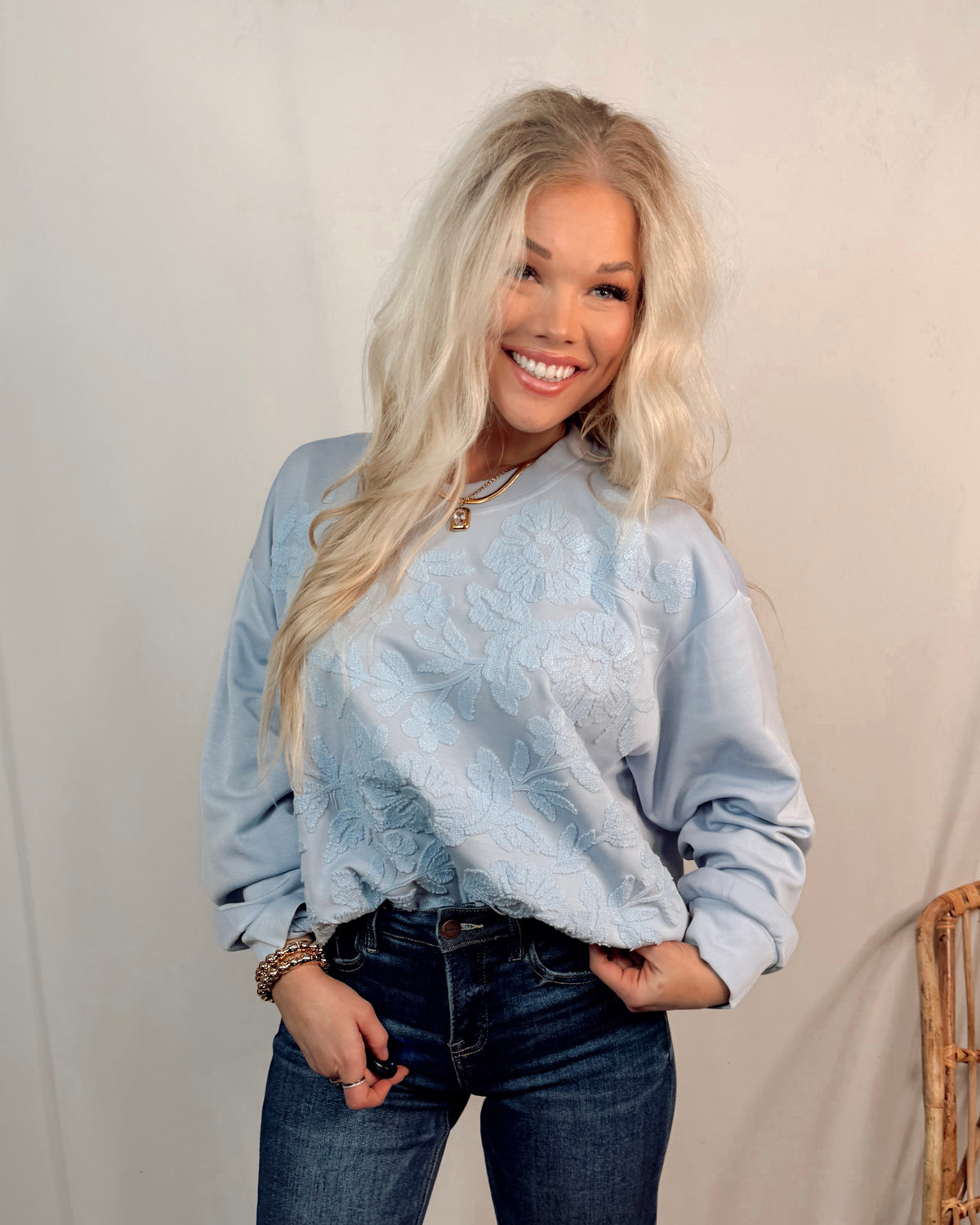 Countryside Blooms Two-Toned Floral Embroidered Knit Sweatshirt / Top