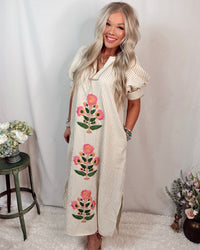 Soft Blooms Striped Floral Printed Maxi Dress - Taupe