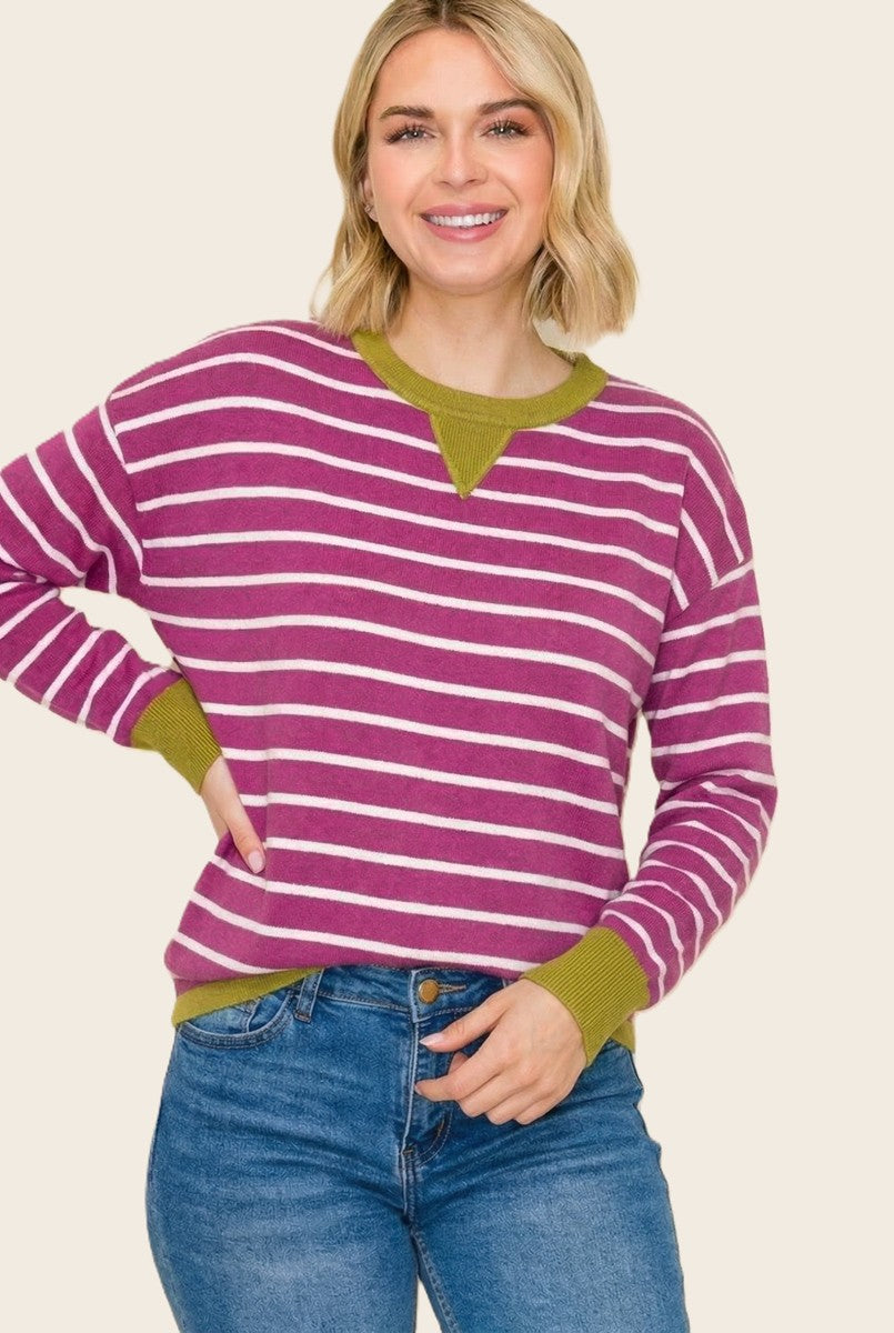 This & That Oversized Striped Knit Sweater - Magenta