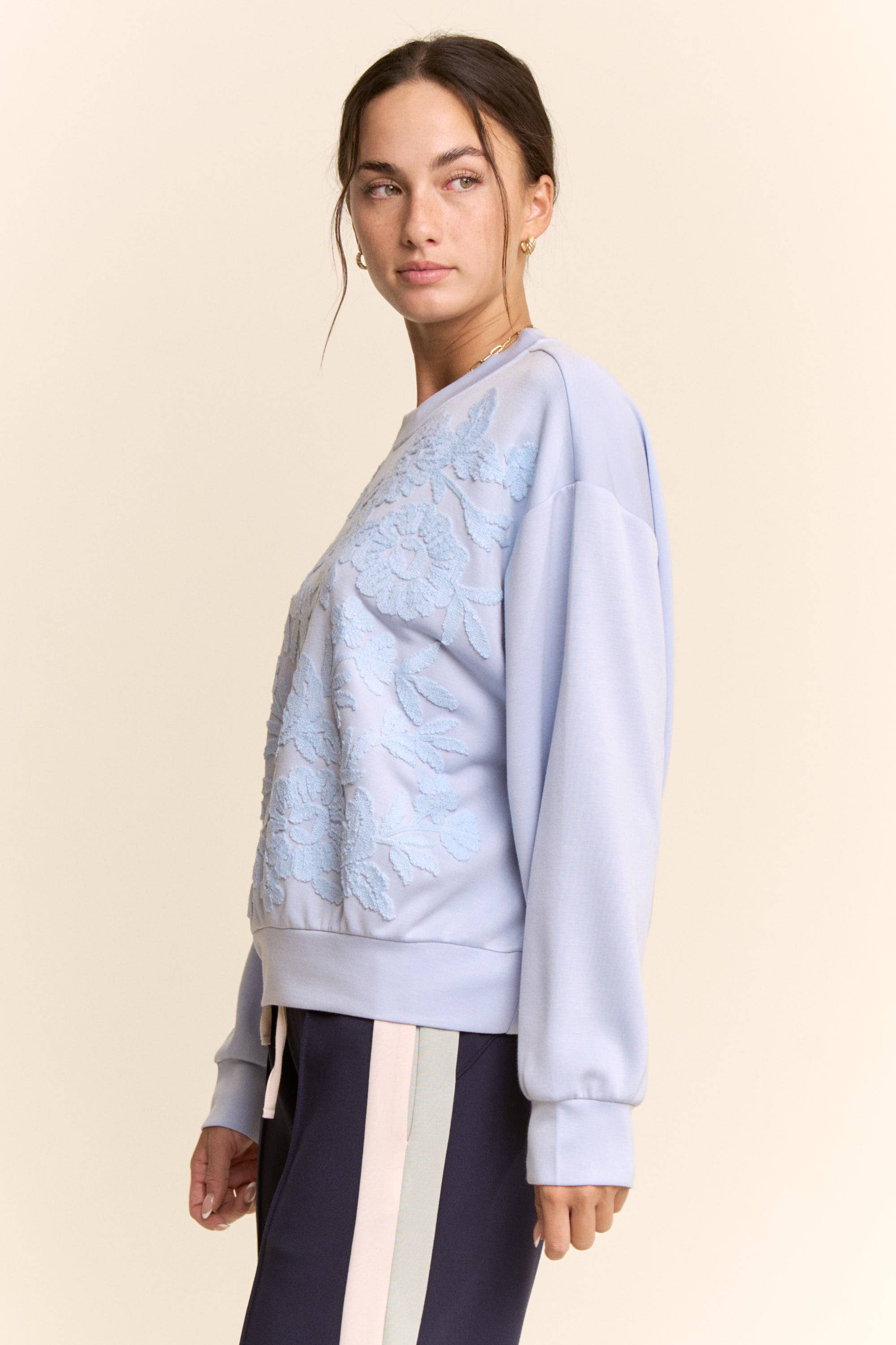 Countryside Blooms Two-Toned Floral Embroidered Knit Sweatshirt / Top