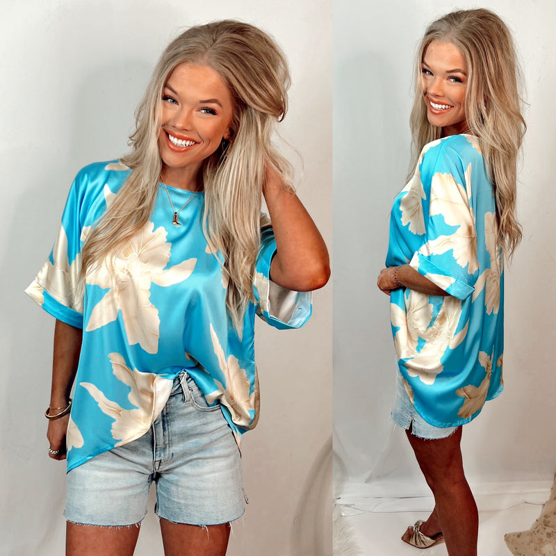 Summertime Blues Satin Floral Blouse