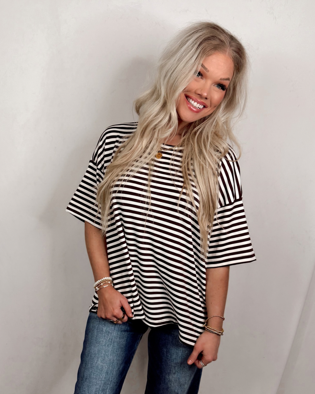 Daily Classic Striped Oversized Top - Brown