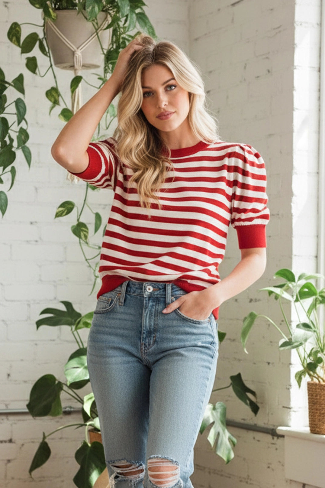 Rosy Revival Striped Puff Sleeve Knit Top - Red