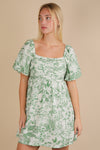 Tea Party Elegance Floral Print Puff Sleeve Mini Dress - Green