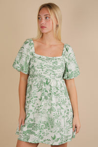 Tea Party Elegance Floral Print Puff Sleeve Mini Dress - Green