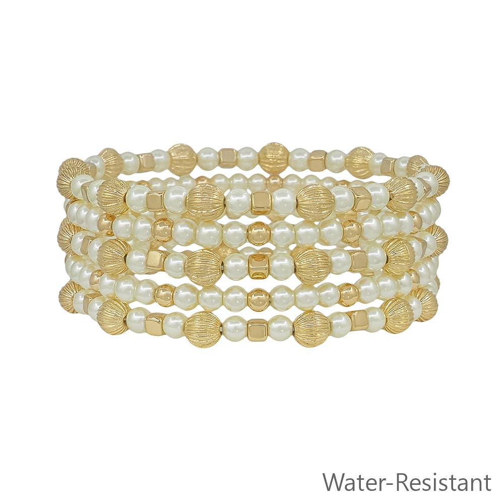 Water Resistant Mixed Metals Gold + pearls Beaded Bracelets - Set of 5